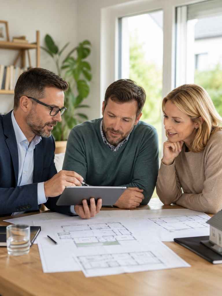 Beratungssituation am Tisch: Unterlagen und Pläne zur energetischen Modernisierung