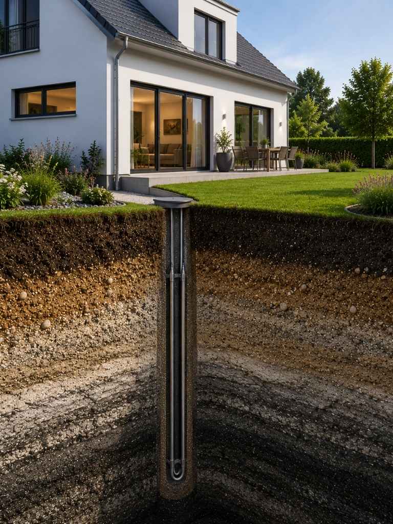 Erdwärmesonde im Querschnitt unter dem Garten eines Wohnhauses